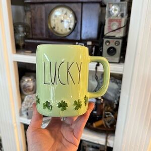 Rae Dunn Lime Green 'LUCKY' Ceramic Mug with Shamrock Accent